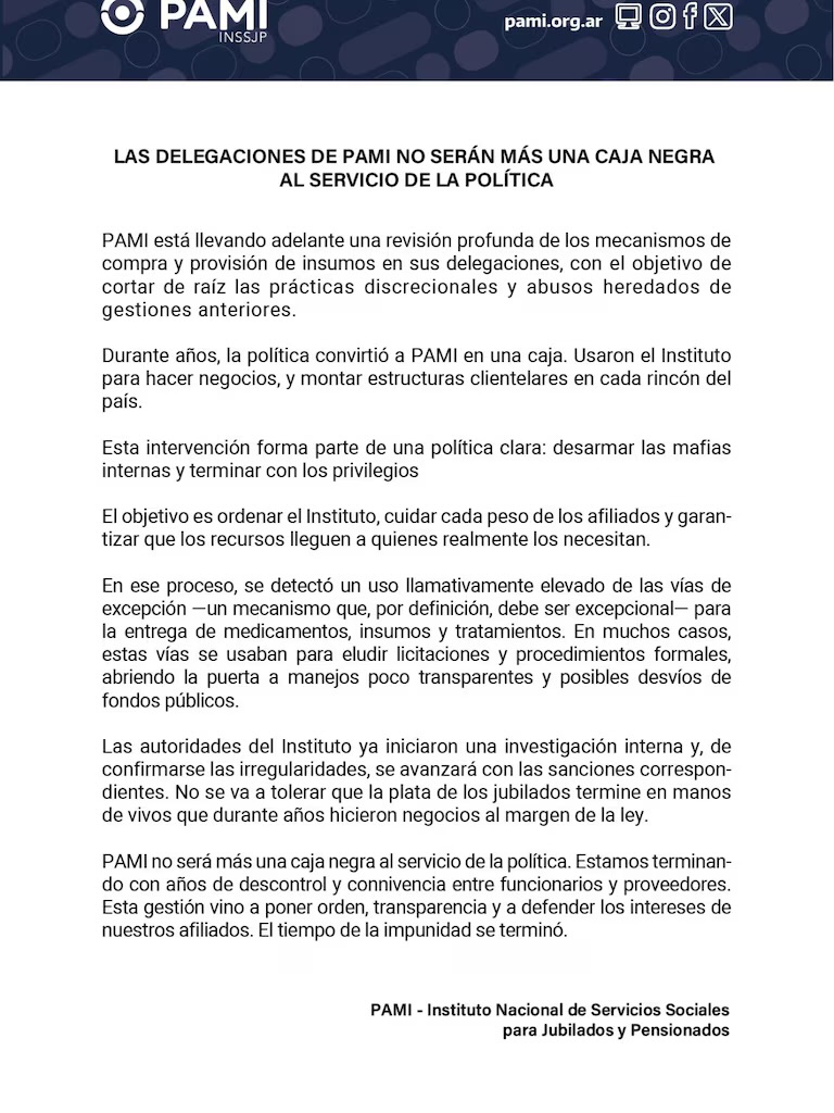 Comunicado oficial del PAMI sobre auditoría en delegaciones