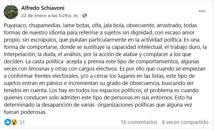 Duro posteo de Alfredo Schiavoni en Facebook que parecería dirigirse a Horacio Loreiro